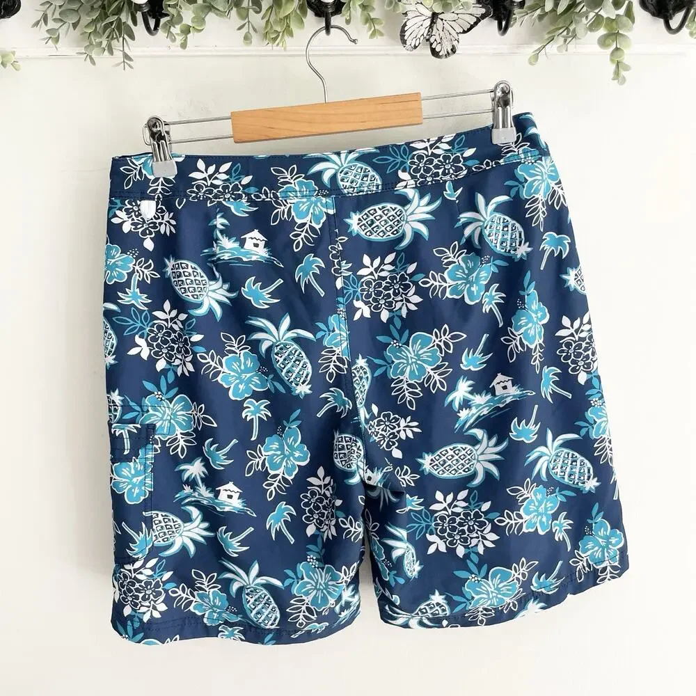J. Crew Blue Tropical Print pineapple Drawstring Lined Swim Trunks Sz 33 12-5322